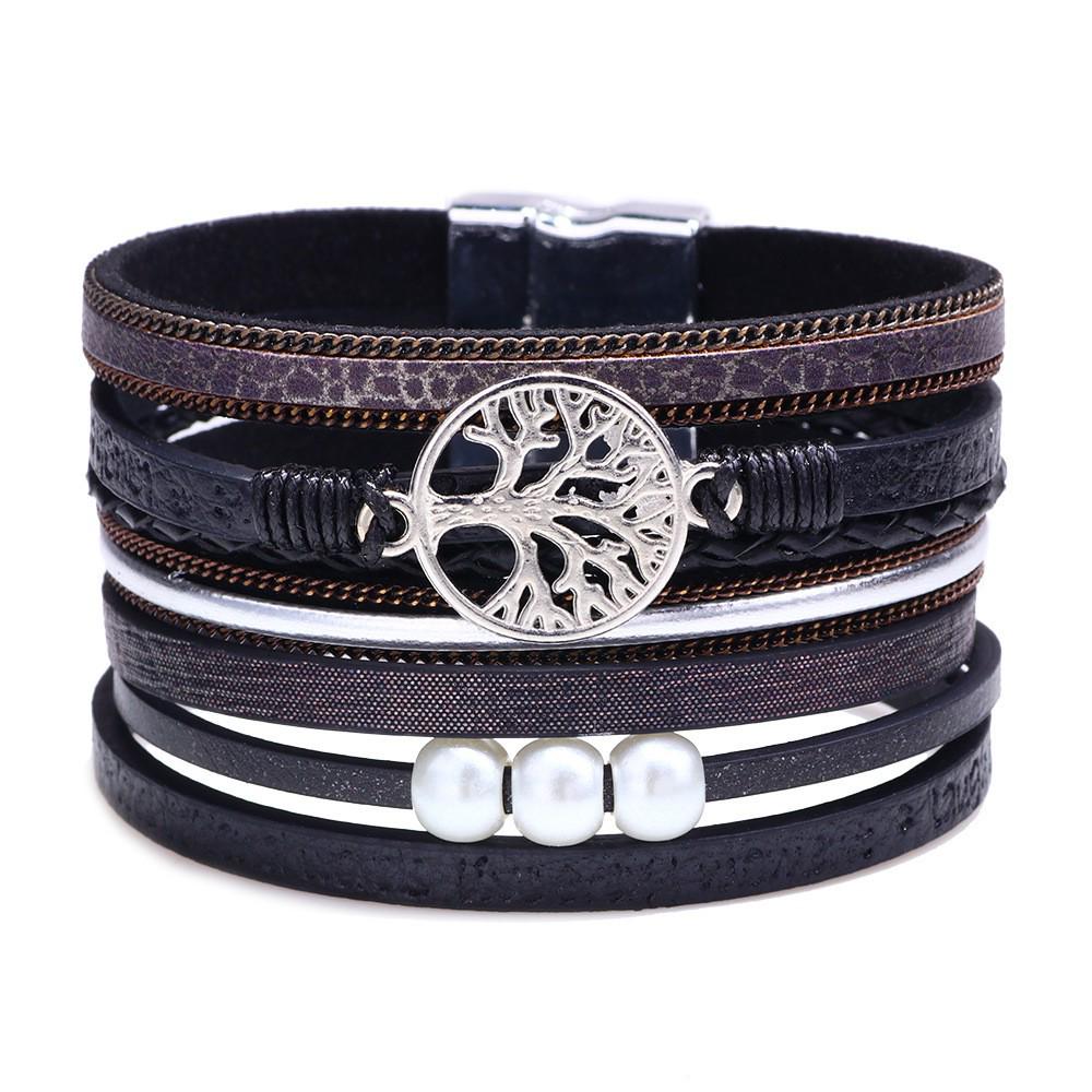 Bohemian Micro-Diamond Cross Bracelet with Magnetic Clasp & PU Leather