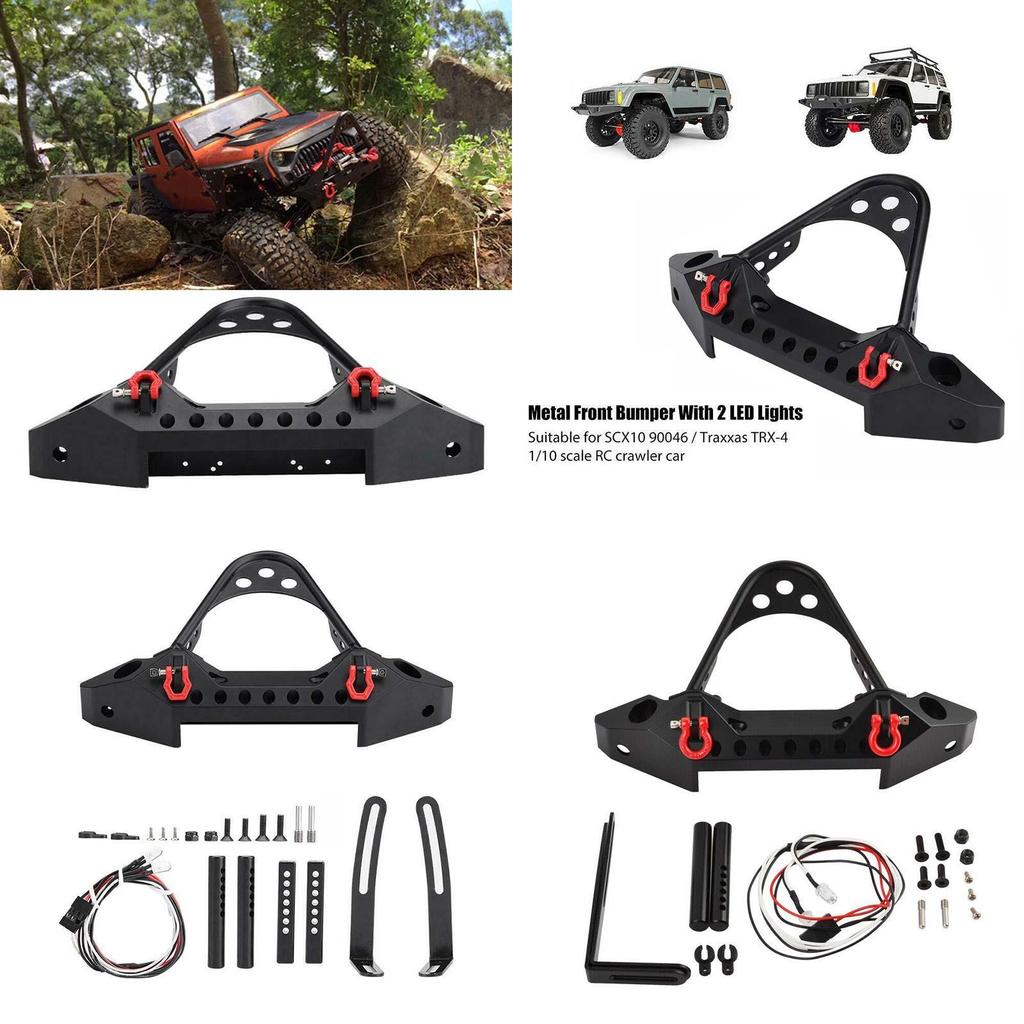Para-choque Dianteiro de Liga Usinado CNC Preto com Manilha e Luz LED para Traxxas Trx-4 Axial Scx10 Ii Jeep