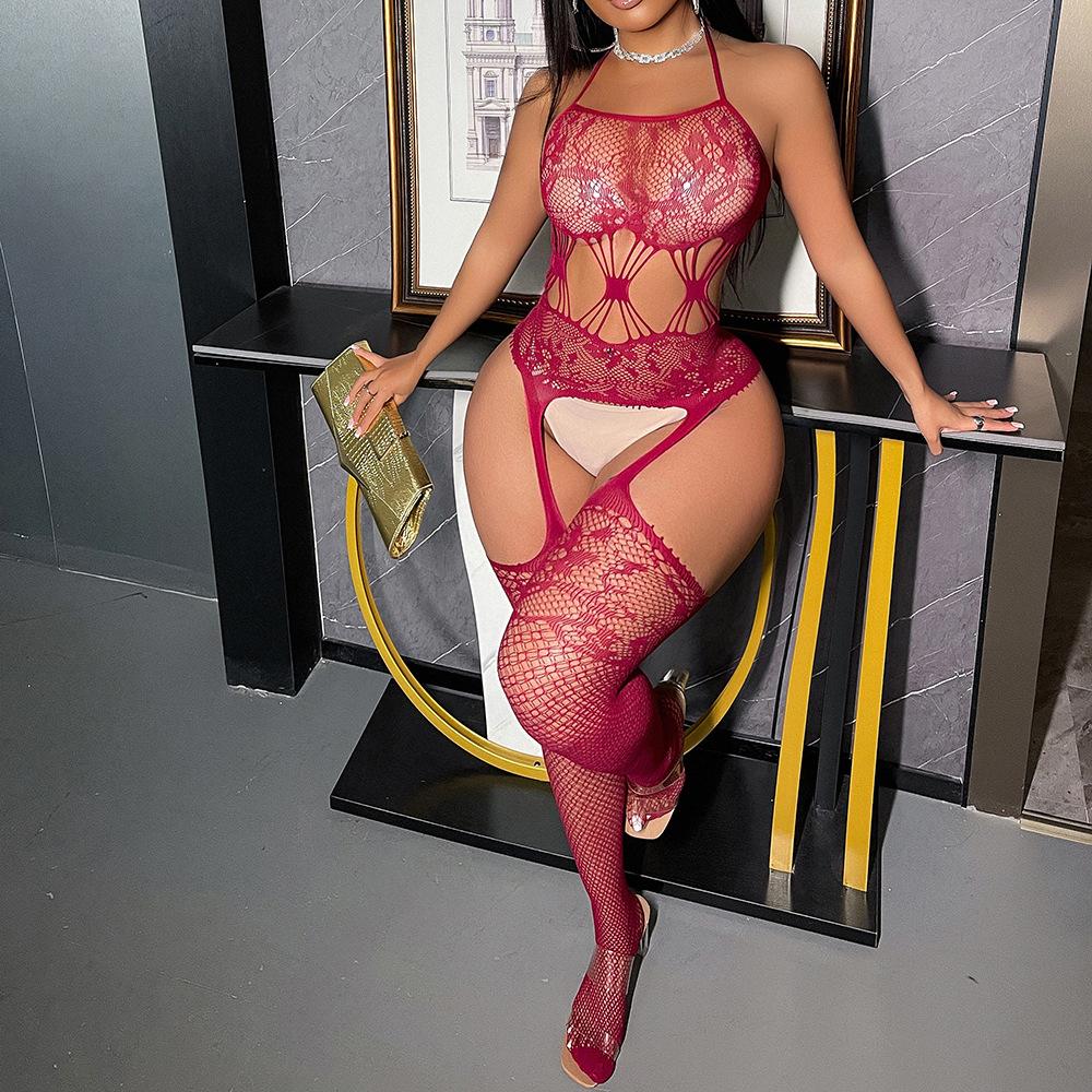 Sexy Lingerie Jacquard Perspective Red Mesh Garment Suspender Neck Hip Skirt