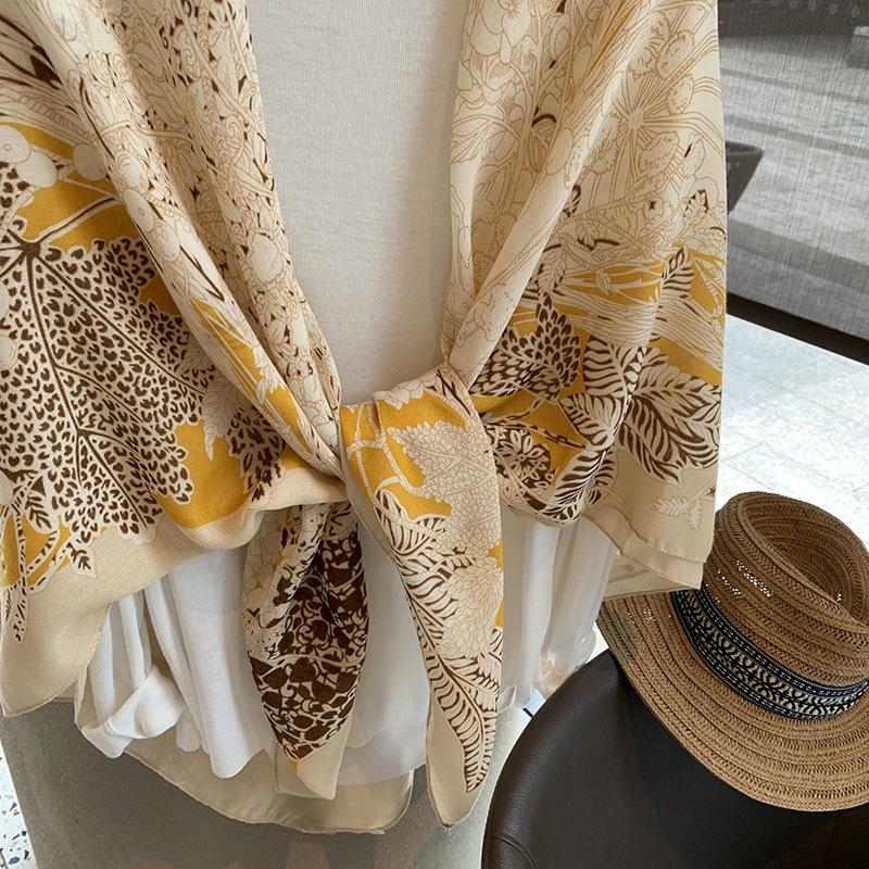 Yellow Flower Printed Large Scarf For Women Summer Sun Protection Air Conditioner Shawl