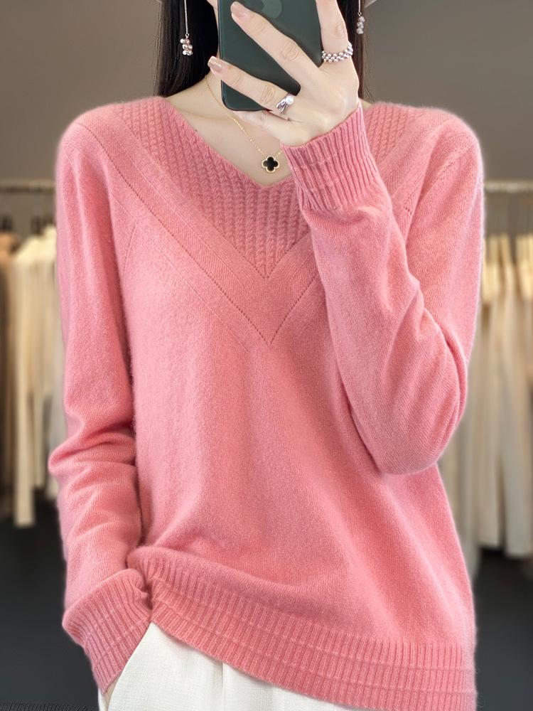 Women's Speckled Yarn Wool V-Neck Sweater - Thick, Loose-Fit, Perfect for Autumn/Winter