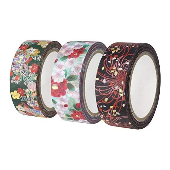 Kamiiso Sansho Japanese Masking Tape Washi Kimono Beauty 3 Volumes (Rangiku, Tsubakizakura, Temaribai) Set Width 15mm x 7m Roll GR-0518