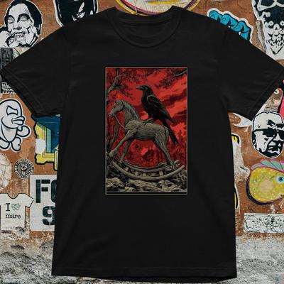 Gothic Raven T-Shirt Dark Crow & Horse Graphic Tee, Occult Horror Metal Gothic
