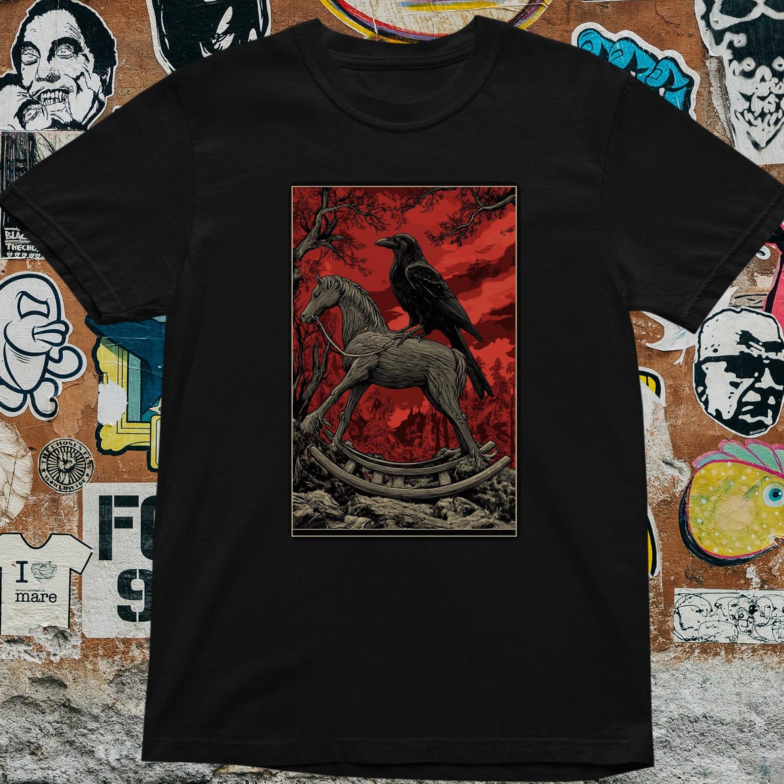 Gothic Raven T-Shirt Dark Crow & Horse Graphic Tee, Occult Horror Metal Gothic M