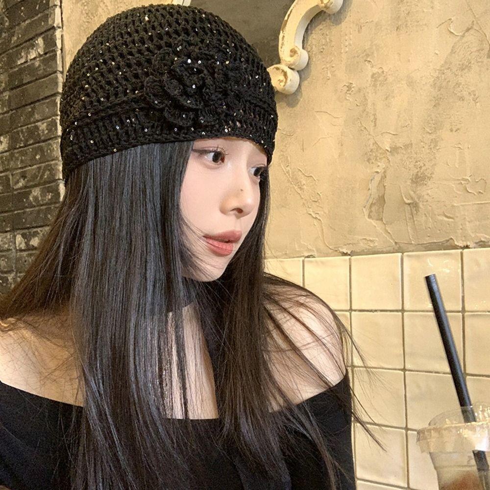 Glitter Crochet Flower Hat Handmade Weave Cap Fashion Sequin Knitted Hat  Outdoor