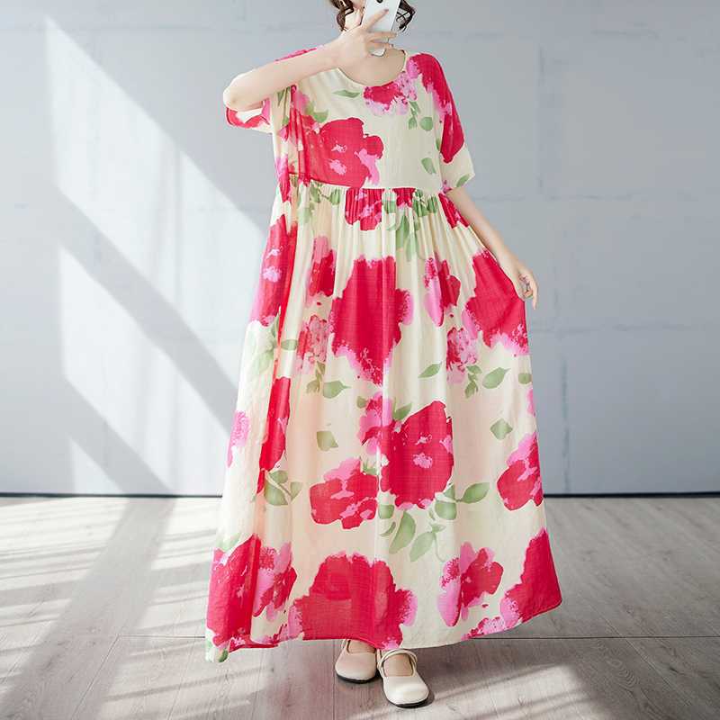 Einfacher und modischer langer Rock Sommer Kurzärmel Rundhals bedrucktes Kleid