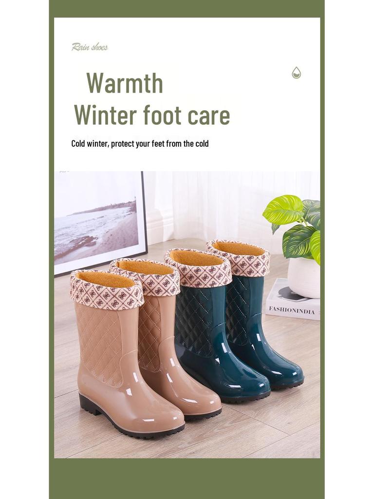 Damskie Kalosze do Połowy Łydki - Antypoślizgowe, Grubo Podeszwowe, Wodoodporne z Ciepłą Bawełnianą Podszewką na Jesień/Zimę