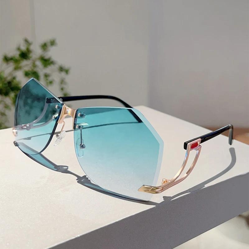 Rimless Irregular Sunglasses  New Chic Gradient Ocean Lenses Shades Trendy Stylish Design Hollowed Legs Sun Glasses