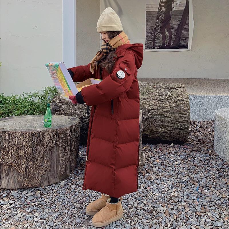Fashionable and Thickened Red Long Padded Jacket for Women, Winter Outwear Coat with Bread Service Style