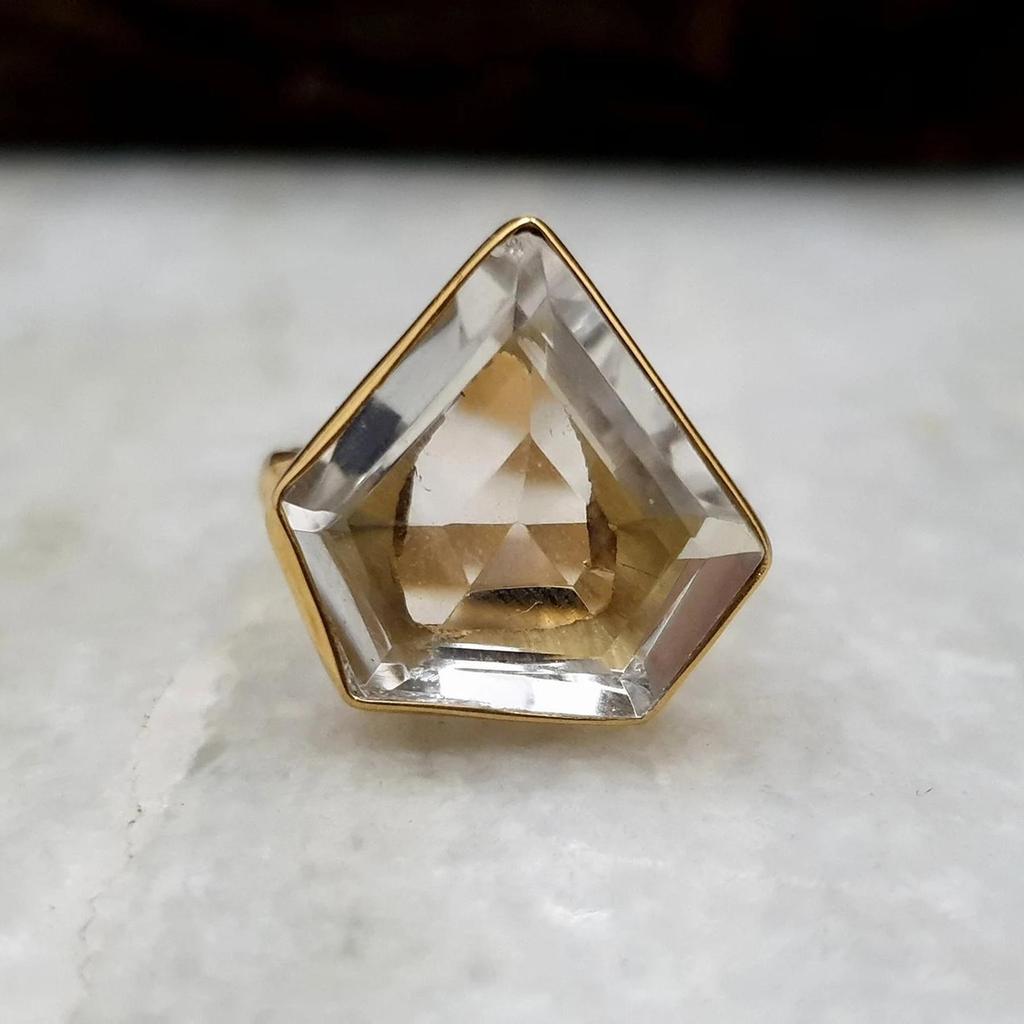 Diamond Shape White Quartz 925 Sterling Silver Yellow Gold Overlay Ring, Wedding Gift White Quartz Ring