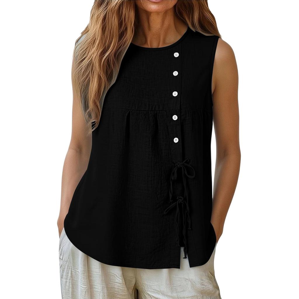 Women Loose Sleeveless Blouses Casual Tie Side Linen Tank Tops