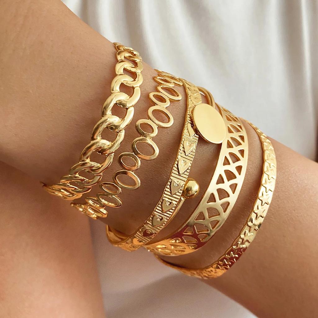 6Pcs/Set New Simple Gold Color Multilayer Bracelet Set for Women Rhomboid Twist Smooth Surface Bangle Zircon Party Gift