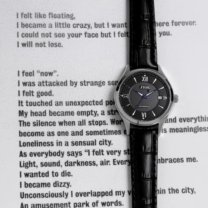 JIOS Men's Automatic Watch, Made in Japan, Genuine Leather Strap, Sapphire Crystal (Black with Blue Hands and Black Crocodile Embossed Strap)