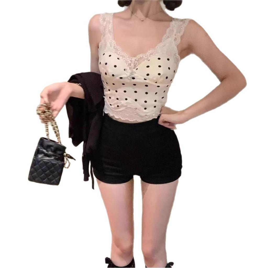 Women's French Polka Dot Lace Camisole - Summer Slim-Fit Sleeveless Top