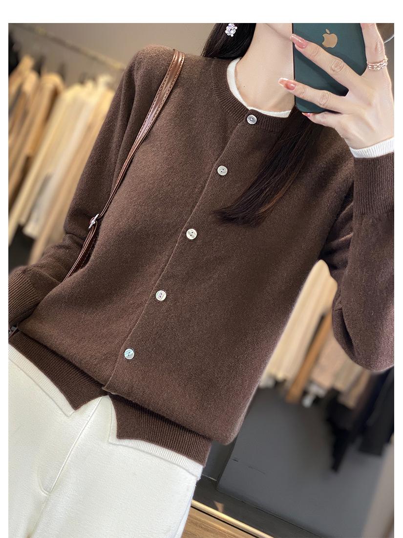 

Женский кардиган из чистой шерсти с круглым вырезом - Дизайн «два в одном», 100% шерсть, весенний трикотаж M кофейный/белый