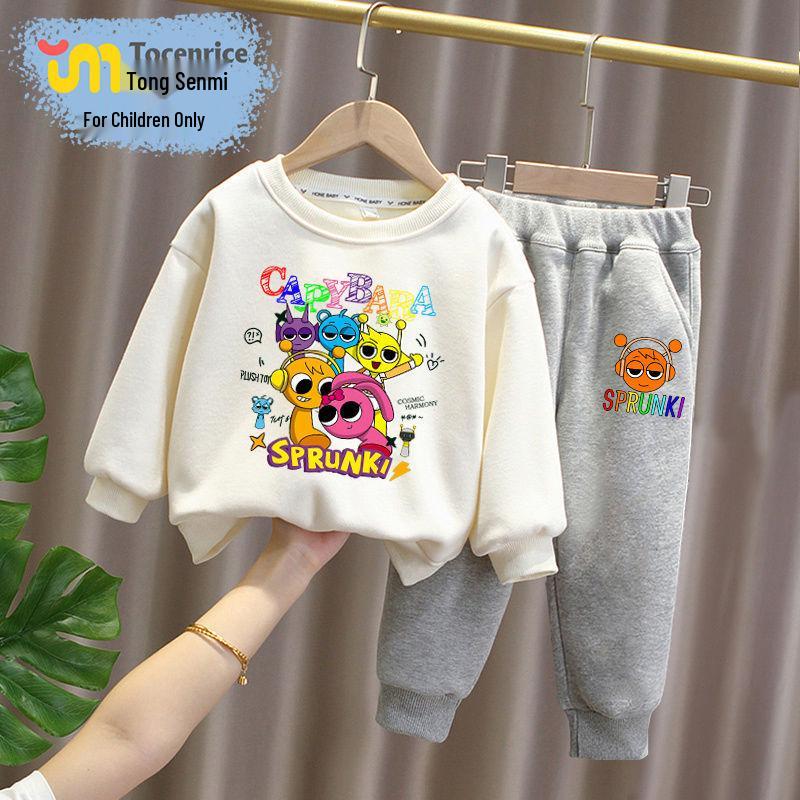 Sprunki Rhythm Box Kids' Plus Velvet Hoodie Set, Unisex, Warm Two-Piece for Autumn/Winter