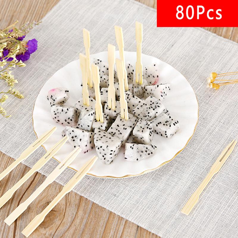 80Pcs Disposable Bamboo Fork Two-Tooth Fruit Fork Catering Household Fruit Fork