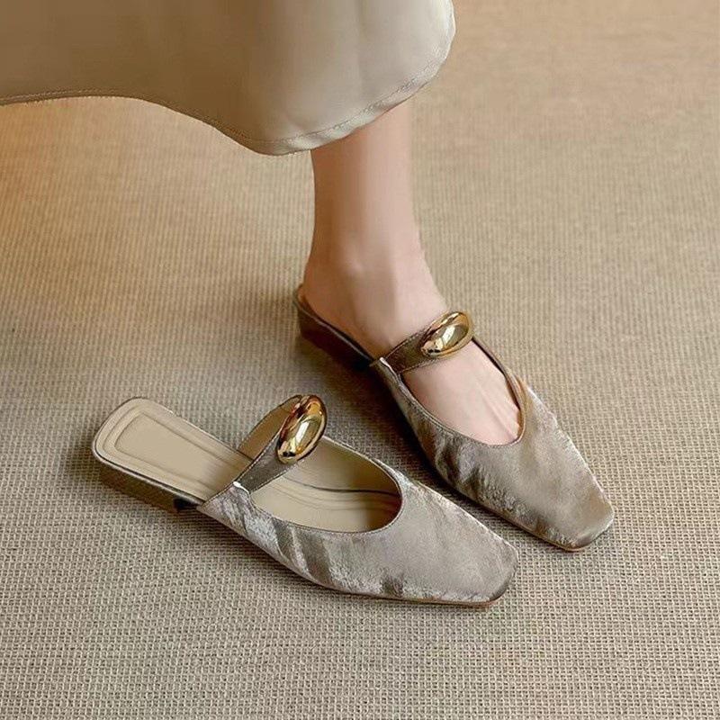 

2025 square head bag head cool slippers women s summer wear thick heel half drag summer sandals single shoes Muller shoes without heel 35