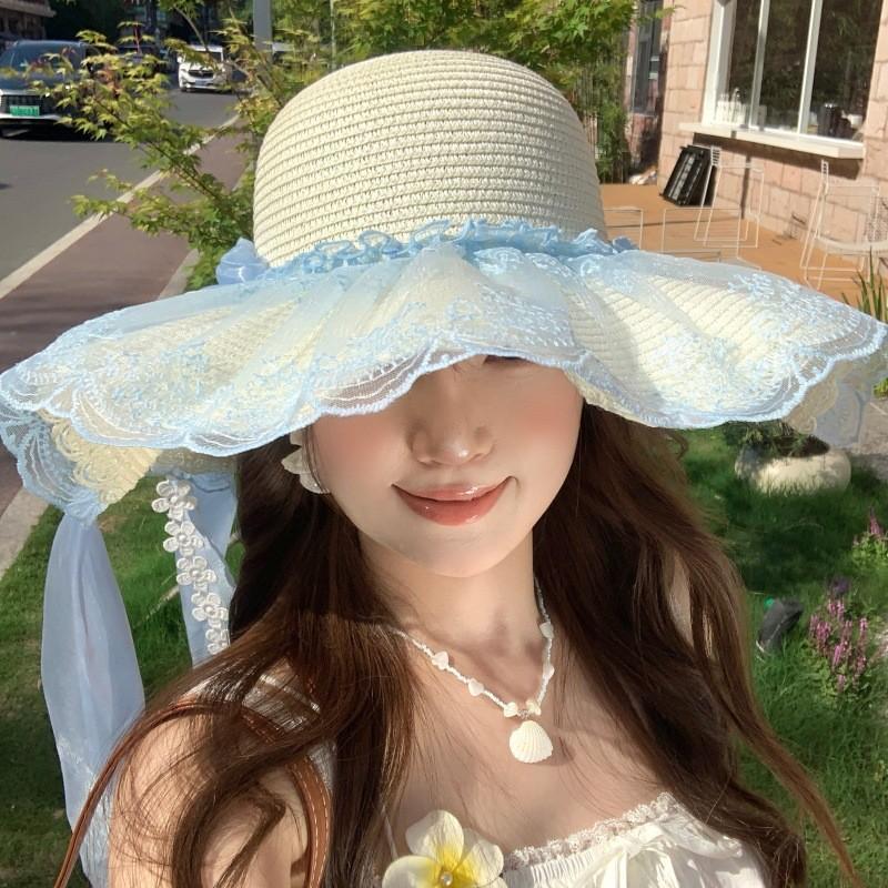 Womens Summer Sun Hat With Lace Edging For Beach Vacation Protection