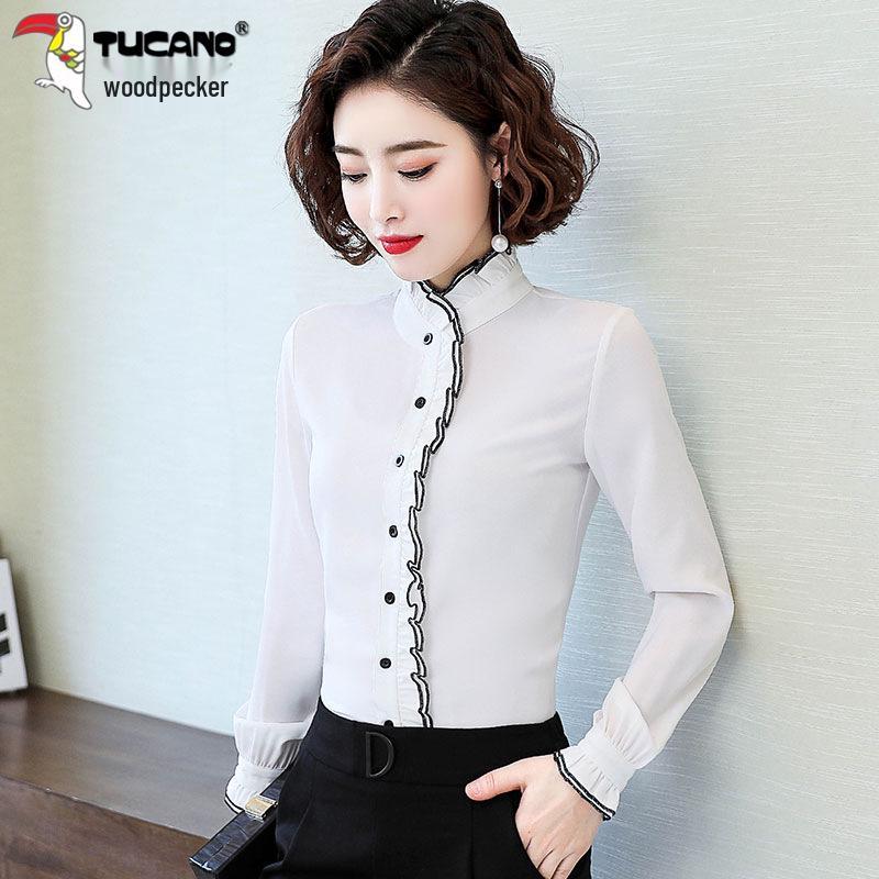 

Woodpecker Plus Velvet Long Sleeve Chiffon Shirt for Women - Elegant Autumn/Winter 2025 Fashion for Middle-Aged Moms S (80-95 jin)