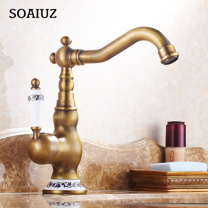 Kitchen Basin Faucet Bath Kitchen Sink Faucets Antique Brass Single Handle Kitchen Deck Mounted Hot and Cold Water Mixer Basin Sink Taps