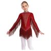 Girls Tassels Latin Dance Leotard Mock Neck Long Sleeve Cutout Back Sparkling Rhinestones Fringe Bodysuit