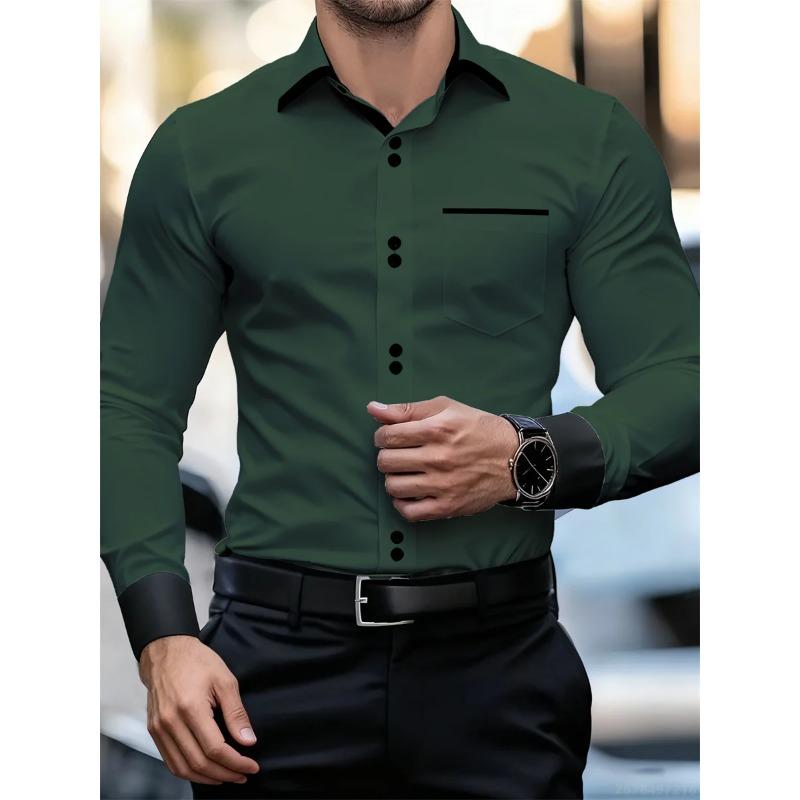 Men's Business Color Block Collar Long Sleeve Shirt, Slim Fit, Wrinkle-Free, Black and White Patchwork Shirt, Men's Fashion Top