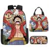One Piece Luffy Rucksack 3-teiliges Set Schüler Schultasche Anime Rucksack Brotdose Klassisch Große Kapazität Wasserdicht