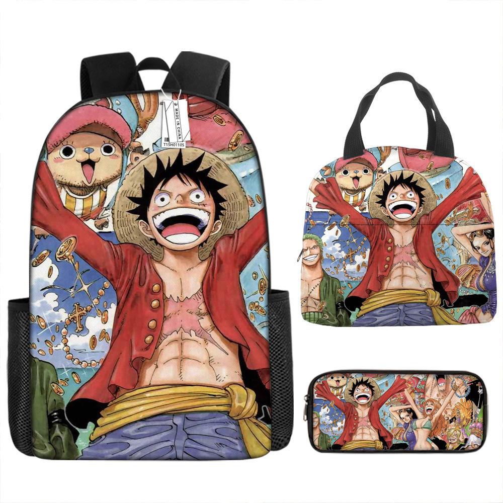 One Piece Luffy Rucksack 3-teiliges Set Schüler Schultasche Anime Rucksack Brotdose Klassisch Große Kapazität Wasserdicht
