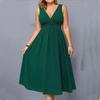 Women's Sleeveless V Neck A Line Dress with Waist Cinch Midi Length Casual Summer Dress