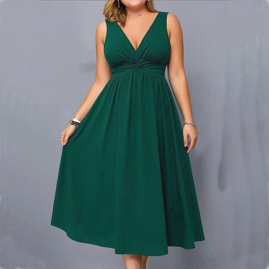 Women's Sleeveless V Neck A Line Dress with Waist Cinch Midi Length Casual Summer Dress