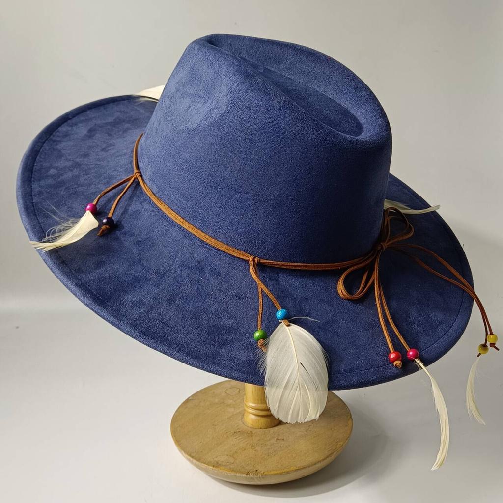 2026Bohemian style suede hat, brim 9.5 cm fedora with feather accessories, classic church hat, wide brim hat, women's hat