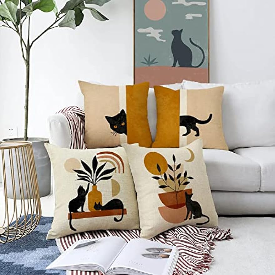 Bohemian Abstract Cat Plant Sunset Decoration Pillow Case, Minimalist Art Modern Sofa Sofa Cushion Cover Home Decoration
