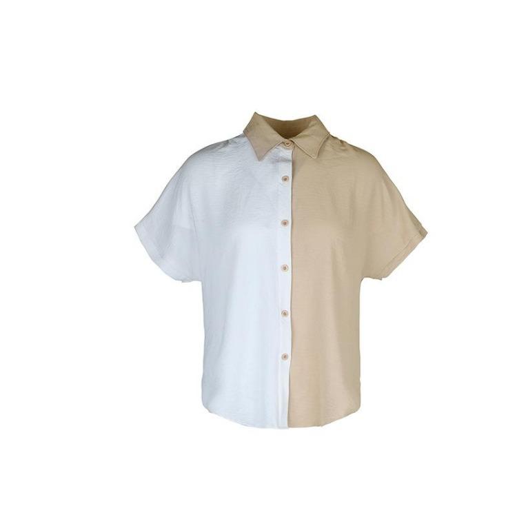 Contrast Blouse Collar Breasted Loose Casual Polo Short Sleeve Single Top Summer Women