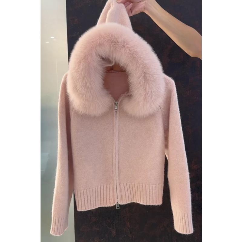 Weißer großer Pelzkragen Kapuze Fuchshaar Strickjacke Damen Herbst Winter Lässiges Gefühl Lockerer Reißverschluss Strickjacke Pullover