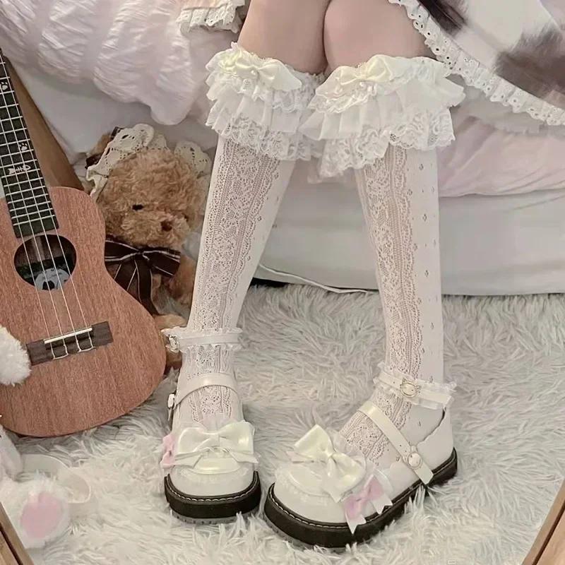 Kawaii Lolita Lace Calf Stockings Multi Layer Bow Cotton Jk Japanese Long Stockings Vintage Gothic Palace Cosplay Accessories