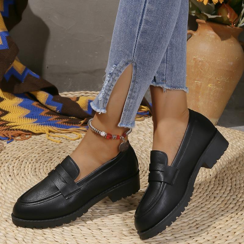 Thick-soled Small Leather Shoes for Women, New Spring and Autumn Style Chunk-heeled Single Shoes, Thick-soled Large-size Versatile Loafers