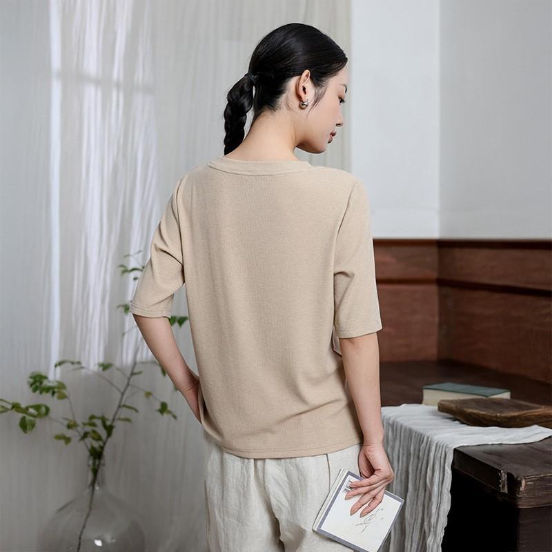 Johnature Women Knitted Spring T-Shirts O-Neck Half Solid Color Soft Female T-Shirts