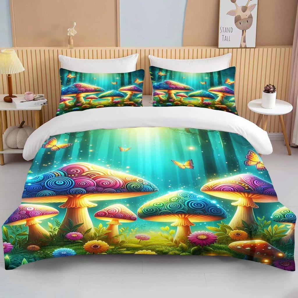 Super Vibrant Neon Psychedelic Mushrooms Print Bedding Set 1 Duvet Cover 1/2 Pillowcases Adult and Children Bedding Set Luxury