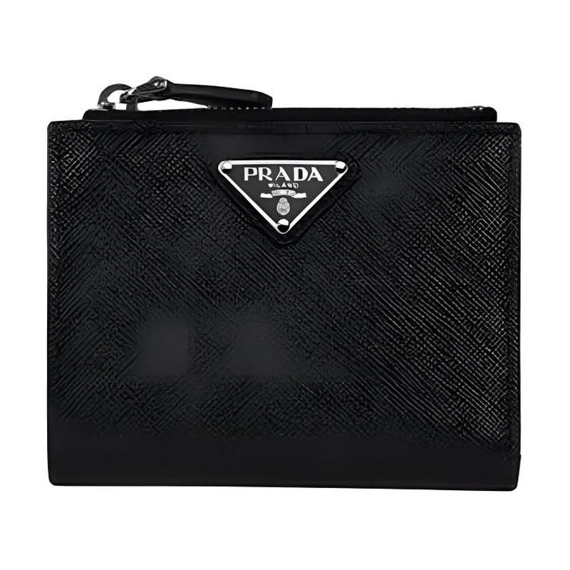 Prada Saffiano Enamel Metal Triangle Logo Snap Closure Natural Leather Wallet Women's Black