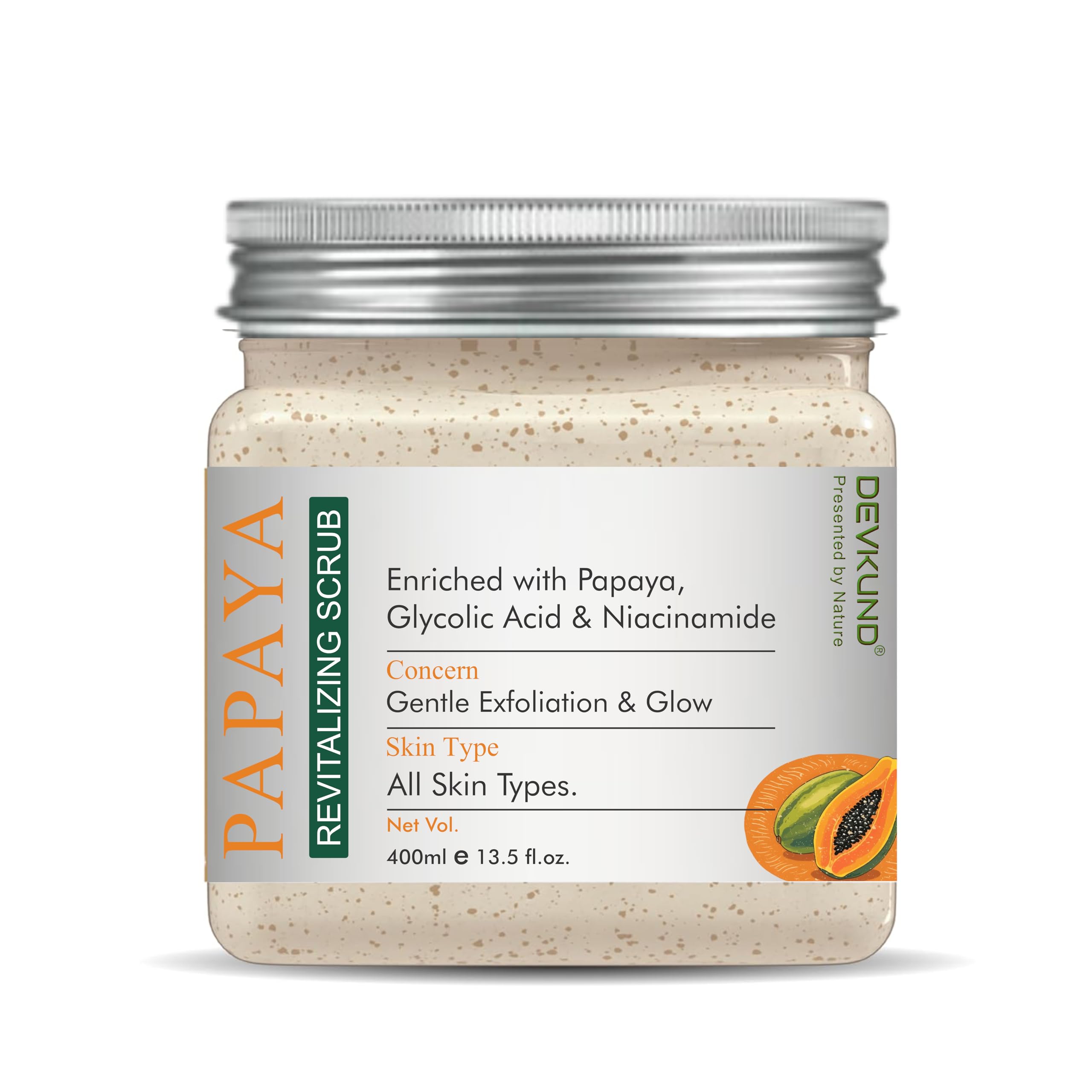 Devkund Presented by Nature Papaya Revitalizing Face & Body Scrub | Enriched with Papaya, Glycolic Acid & Niacinamide | Skin Brightening, Exfoliati