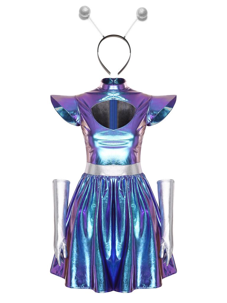 Womens Alien Astronaut Cosplay Dress with Gloves and Hair Loop Set Cutout Neck Metallic Shiny Dress for Halloween Spaced Themed Party