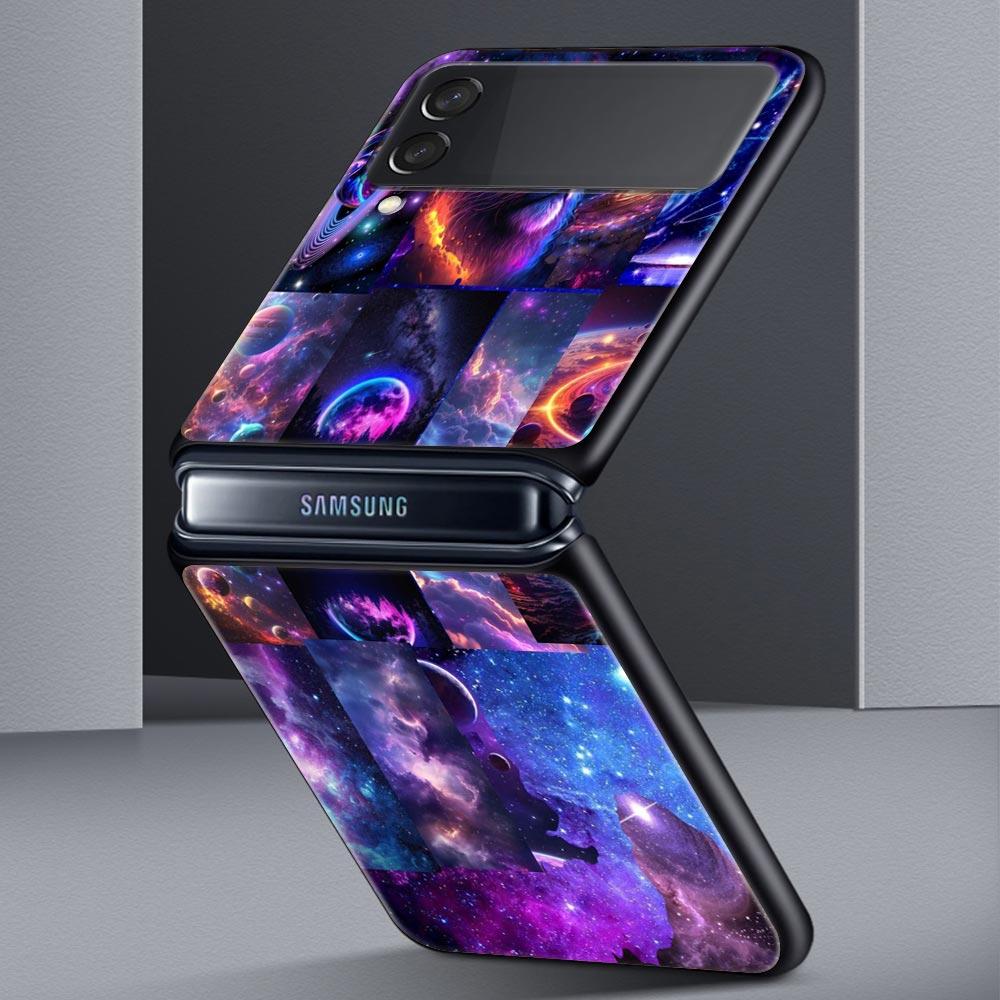 Universe Starry Sky Moon Hard PC Phone Case For Samsung Galaxy Z Flip 7 6 5 4 Black Cover For Galaxy Z Flip 3 Foldable Funda Bag