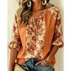 Damen Mehrfarbiger Print Krawattenfront V-Ausschnitt 3/4 Rüschenärmel Lockere Bluse, Lässiges Tägliches Oberteil