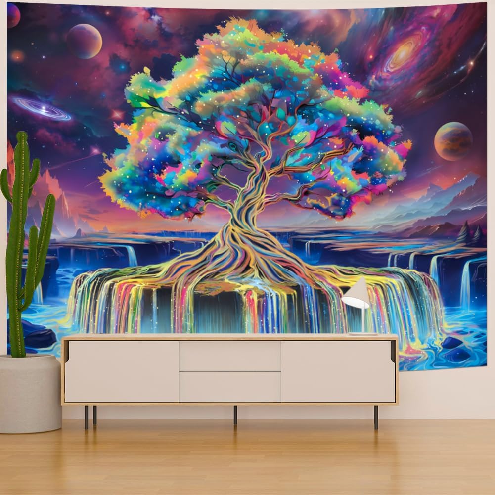 Obsecolors Blacklight Tree of Life Tapestry UV Reactive Waterfall Tapestry Galaxy Space Aesthetic Tree Wall Tapestries Colorful Starry Sky Tapestries