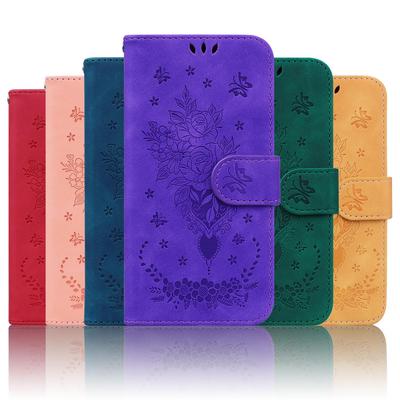 Embossed 3D Rose Butterfly Flower Pattern Leather Phone Wallet Case Book For Huawei Moto Oppo Reno 8 Realme Girls Pink Color Stand Card Flip Cover Bag