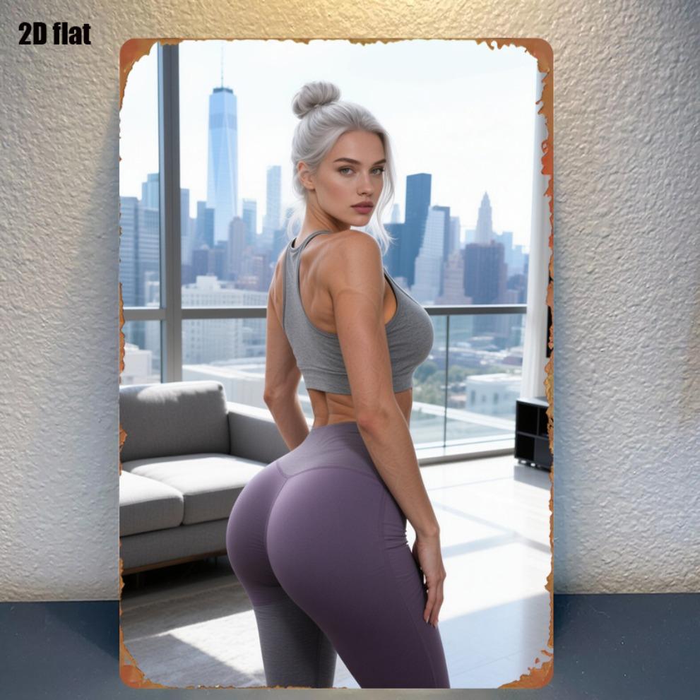 Modern Cityscape Fitness Woman Oil Painting x Metal Wall Art for Home Decor 20x30cm(7.8x11.8inch)