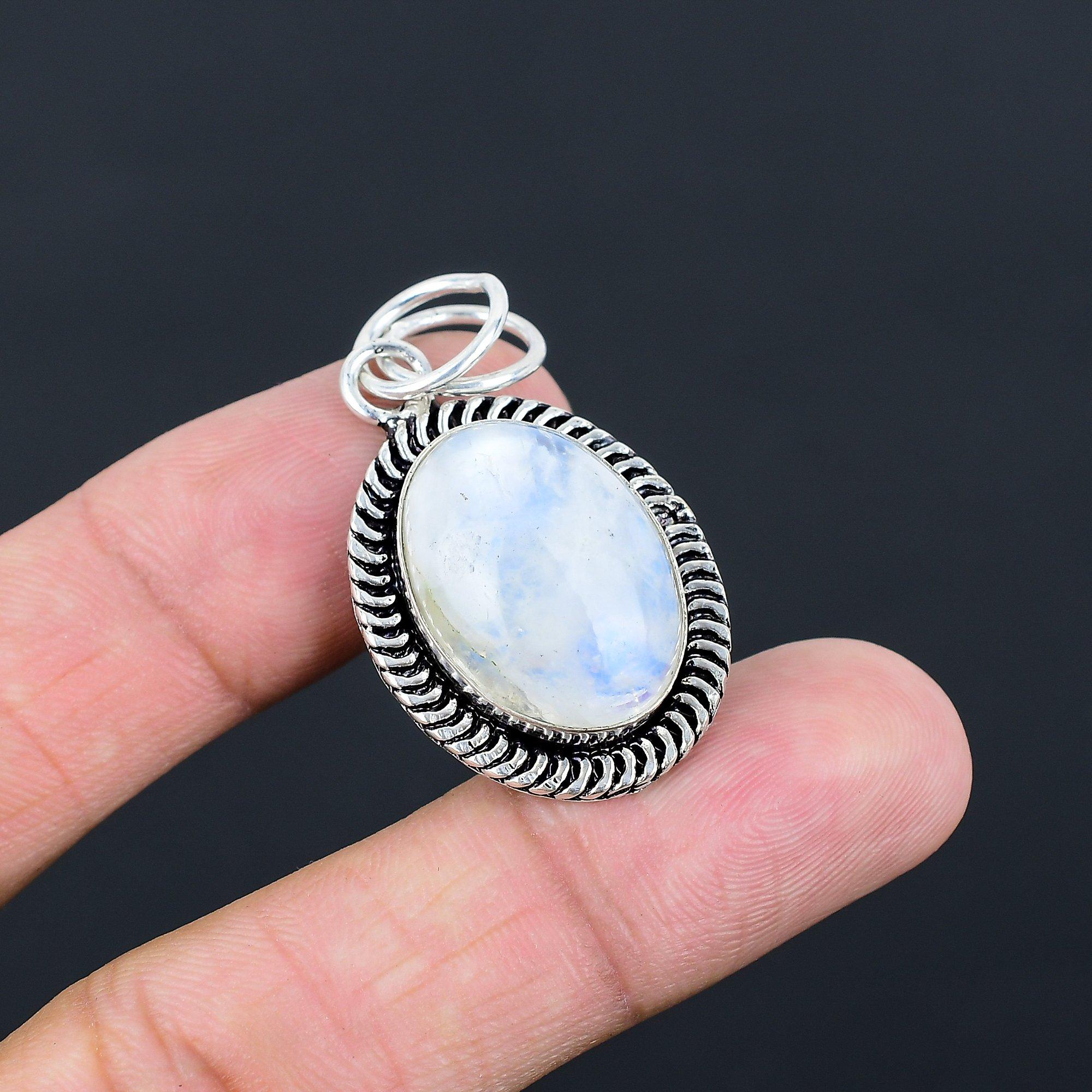 Daughters Day Sale Oval Rainbow Moonstone Gemstone 925 Silver Wife Bezel Pendant