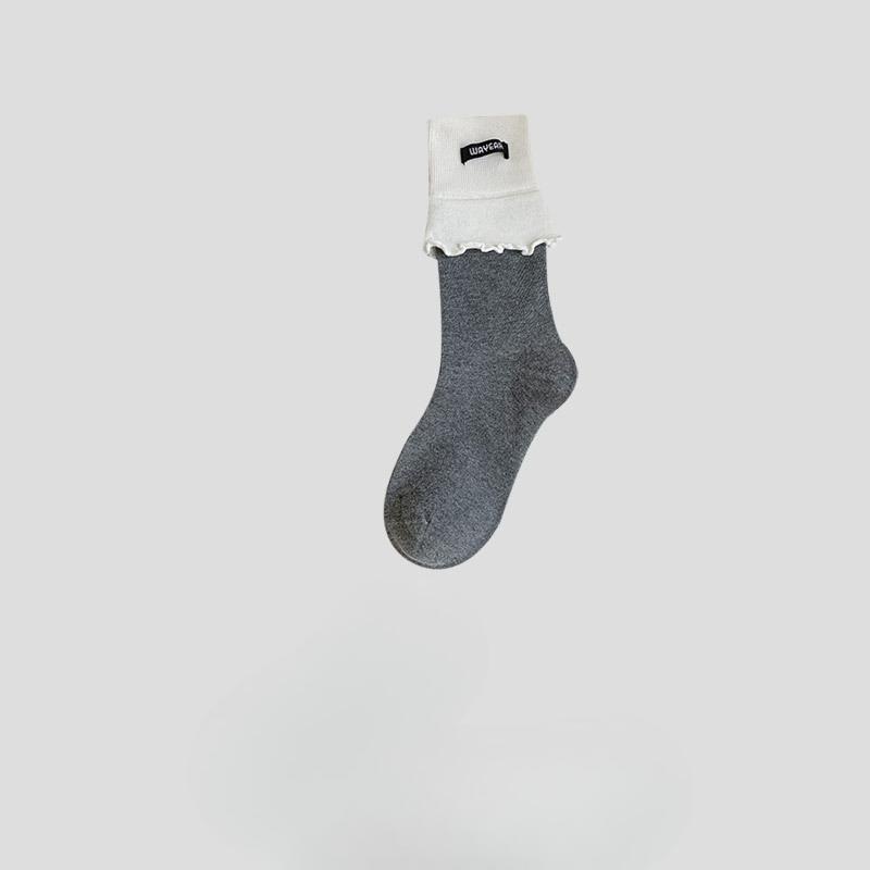 Women's Autumn Cotton Socks with Fabric Labels and Black Ear Edges, Dui Dui Socks, Anti-odor Boneless, Sweat-absorbing and Breathable Long Socks