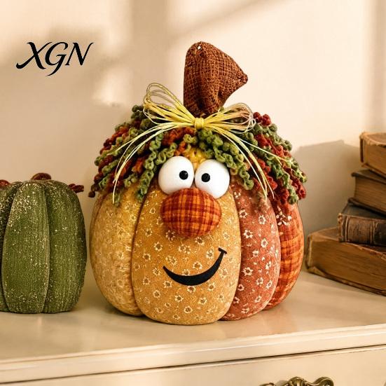 Pastoral Style Seasonal Home Accents Whimsical Patchwork Pumpkin, Pumpkin Table Decor, Cute Smiling Face Soft Fabric Ornaments for Living Room